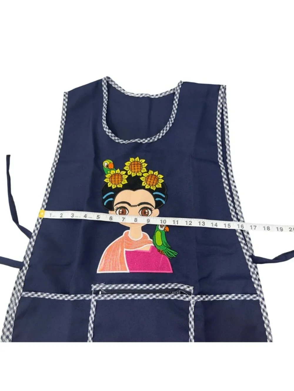 Apron Women One Size Navy Frida-Inspired Print Front Pockets Checkered Trim NWOT